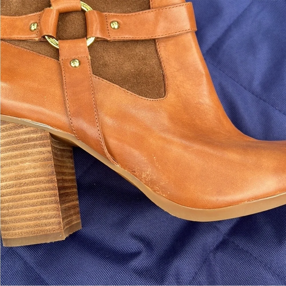 Ralph Lauren Women’s Dylan Tan Leather Brown Suede Gold Ankle Bootie Shoe Size 7